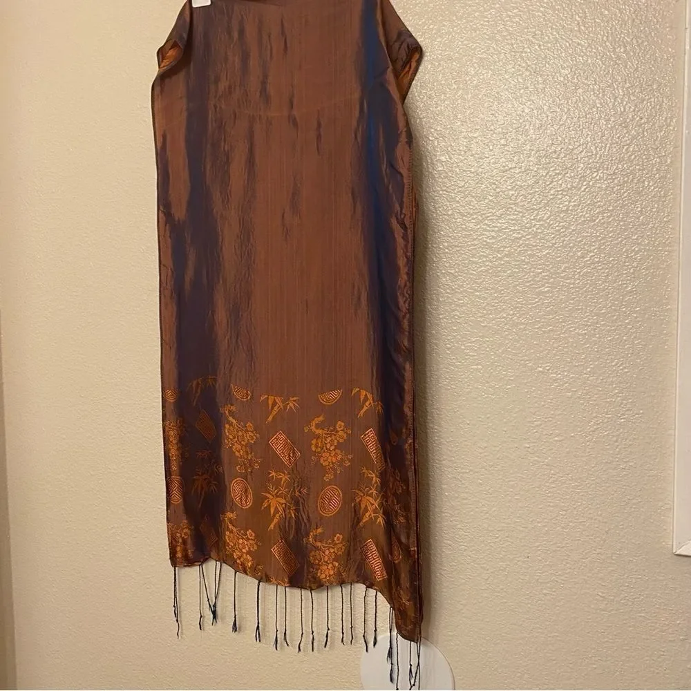 Orange Medallion chinese floral asian 100% Silk Scarf orange fringe 16x66